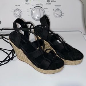 Black lace up wrap around wedges